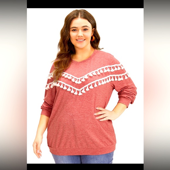 NWT BloomChic “ELLE” crew neck tassel Heather trim dusty rose sweatshirt Sz 1x - Picture 3 of 9